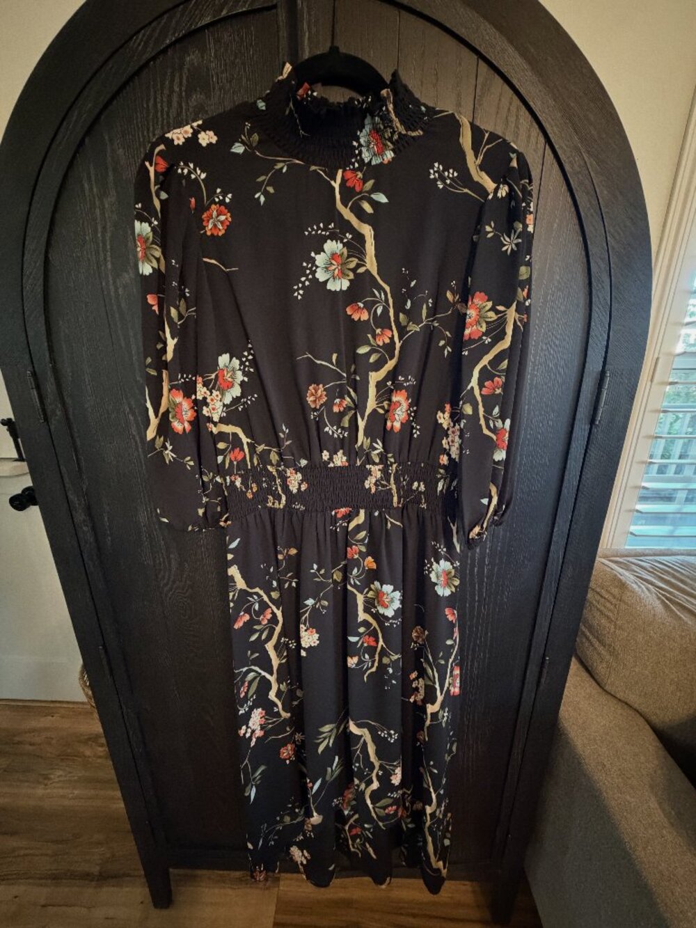 Nanette by Nanette Lepore Black Floral Smocked Midi Dress Size 8